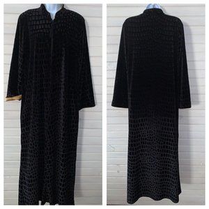 VTG Natori Sz MEDIUM Black Croc Velour Full Zip Robe L/S Gold Trim Pockets VGUC